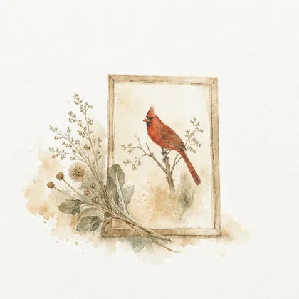 A framed bird print resting against a pale wall beside a small spray of dried flowers