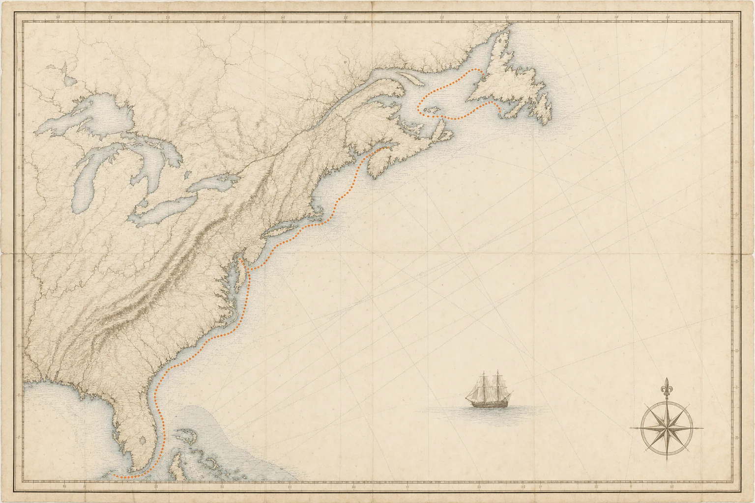 A period chart of the eastern United States with the route marked from Bordentown south to Charleston and Florida, then north to the Bay of Fundy and on to Labrador