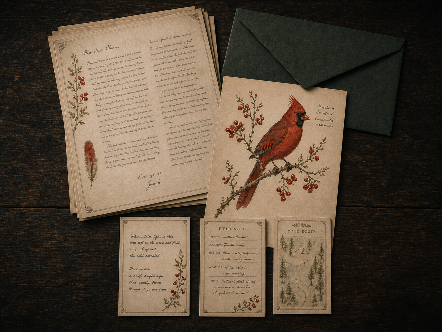One month's envelope laid out on a dark desk: Josiah's handwritten letter to Clara, a painted cardinal plate, a poem card, a field note and a route card