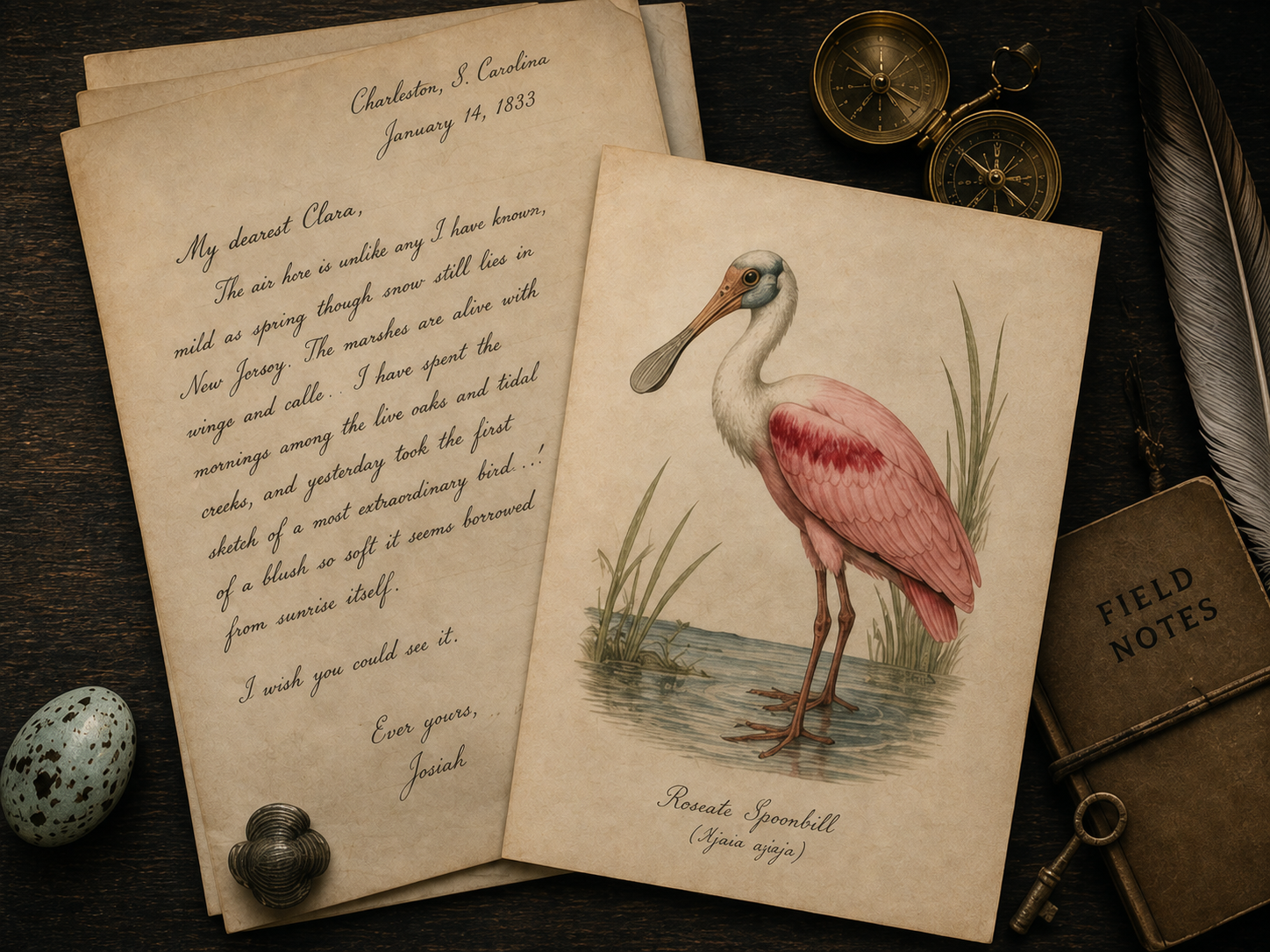 A layered handwritten letter, forest-green envelope, cardinal art print, poem postcard, field-note card and folded route card arranged on a dark wooden desk