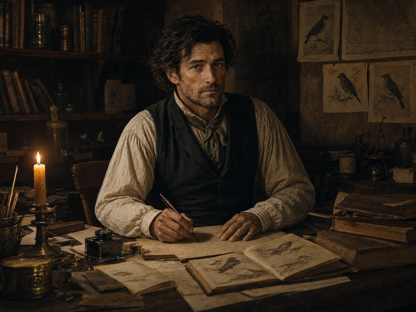 Josiah Rook writing at his desk by candlelight, his sketches and plates spread around him